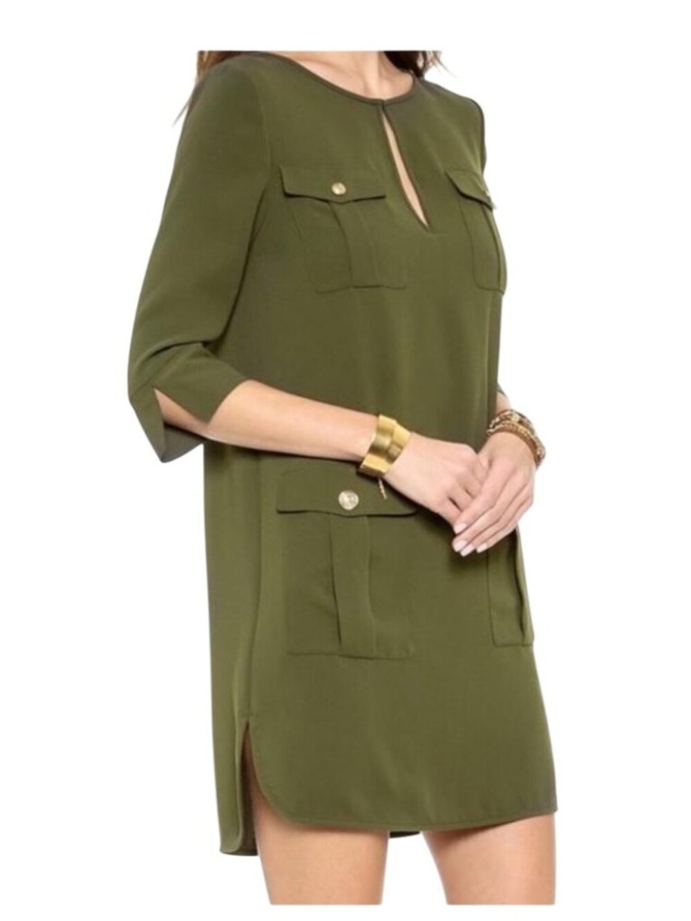 DVF Agness Army Green Shift Dress Gold Button Accents Size 4 business elegant